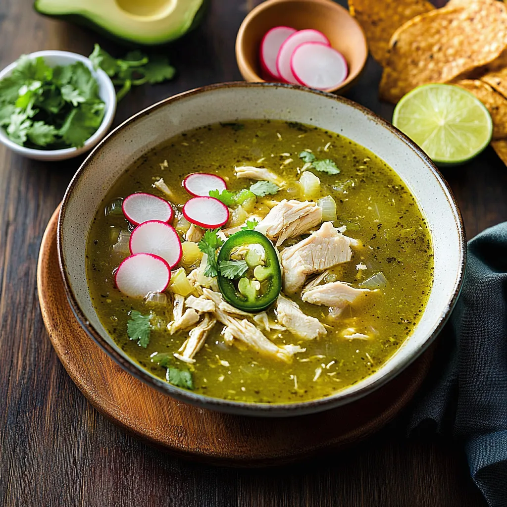A comforting green chicken pozole with a flavorful tomatillo base.