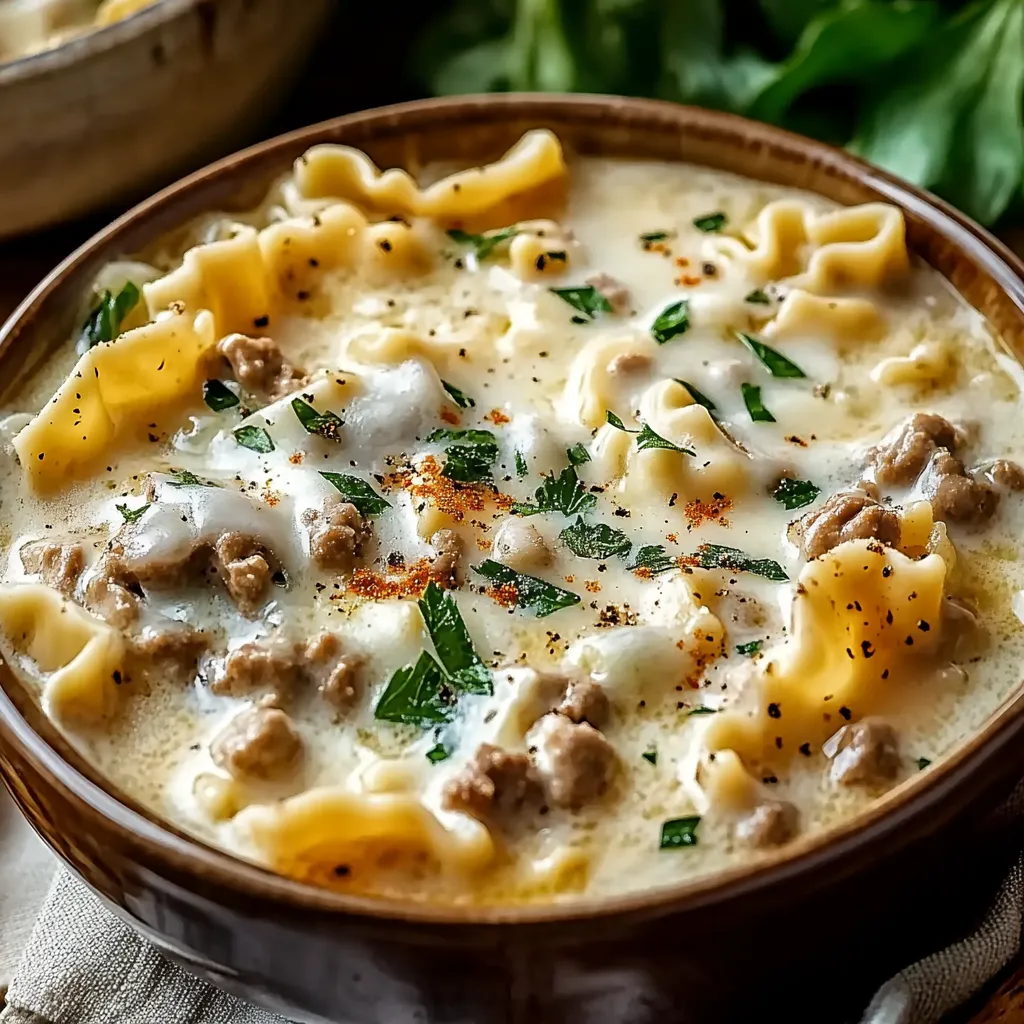 Cozy and cheesy Alfredo-inspired lasagna soup with pasta, sausage, and a creamy texture.
