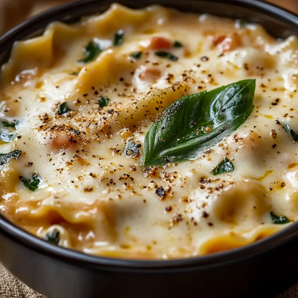 A bowl of steamy Alfredo soup packed with lasagna goodness in each bite.