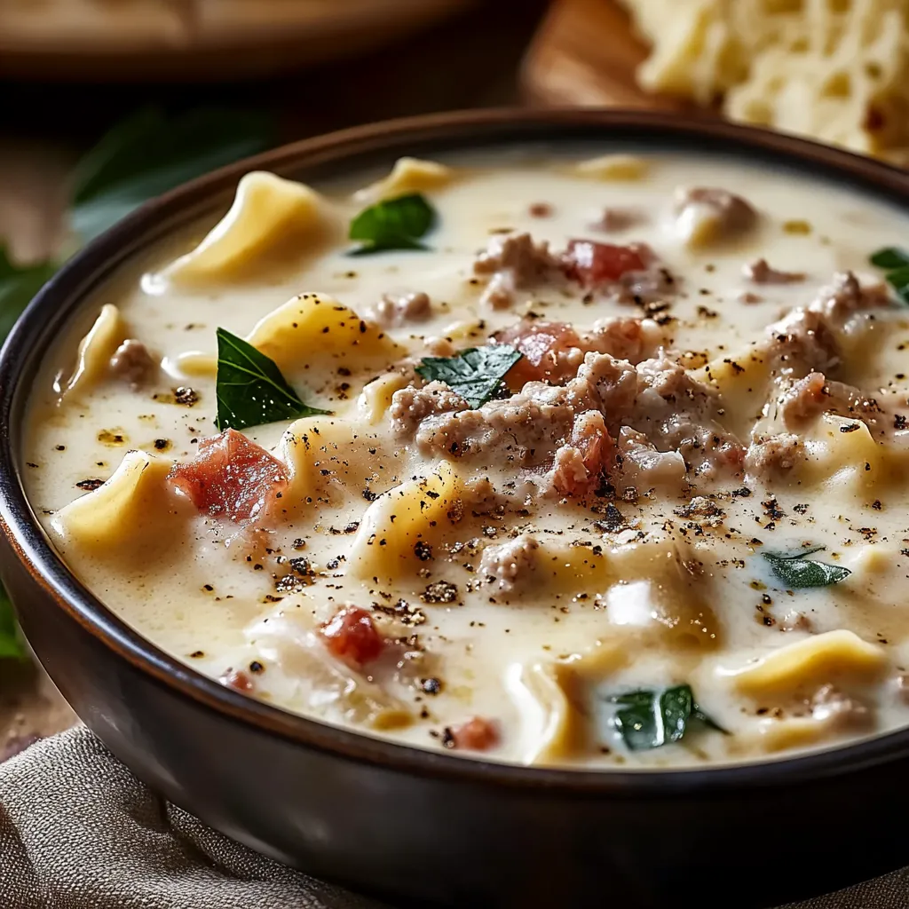 Rich and thick lasagna soup with Alfredo sauce, perfect for cold evenings.