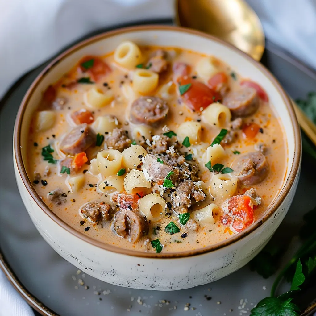 Warming bowl of Italian sausage soup with creamy Parmesan broth for cold evenings.