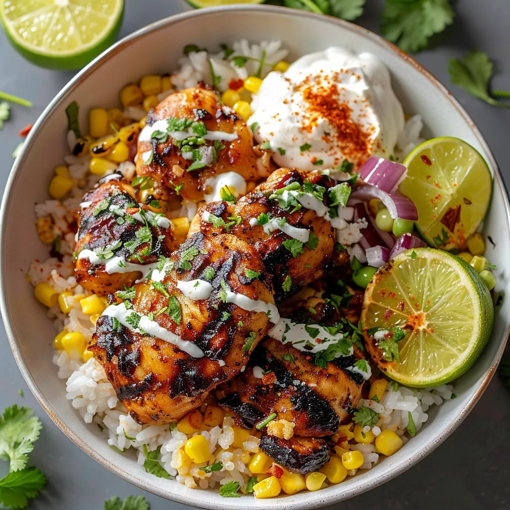 Delicious corn chicken rice bowl with smoky, zesty toppings.