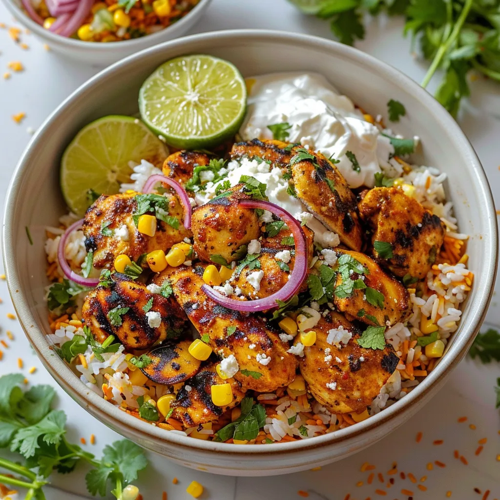Tasty chicken and rice dish with street corn elements, a filling and yummy meal option.