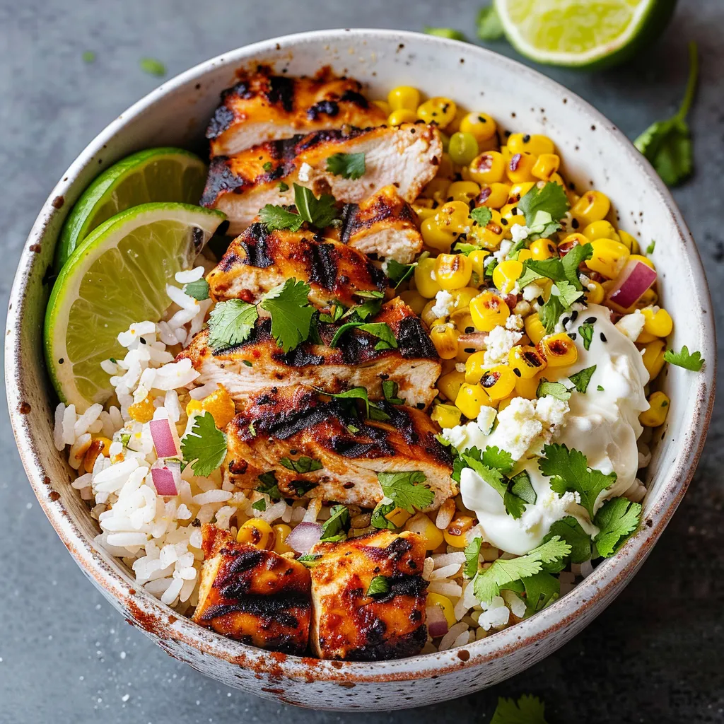 Mexican-inspired chicken bowl with rice and street corn, an easy dinner full of flavor.