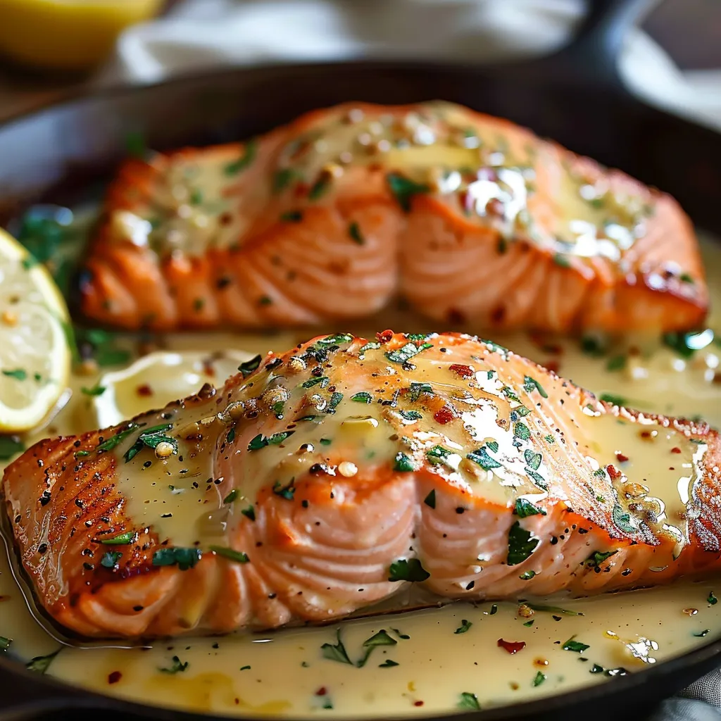 Succulent salmon in a flavorful garlic butter blend, great for a nutritious dinner.