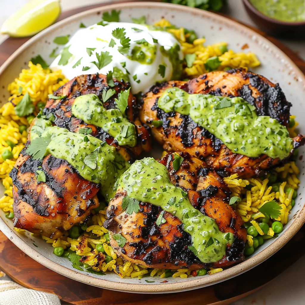 Juicy Peruvian chicken over aromatic yellow rice and topped with a bright green sauce, perfect for dinner.