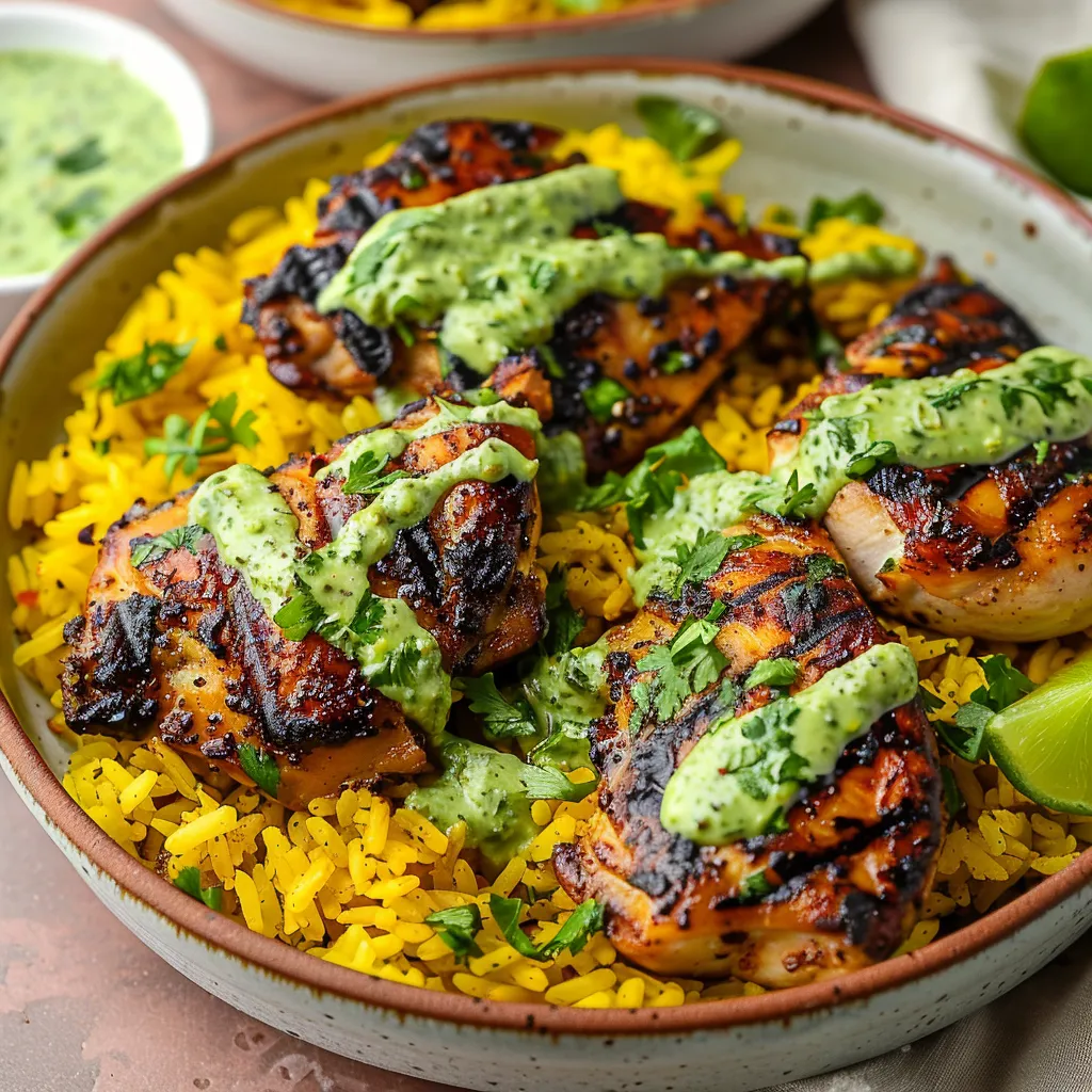 Flavorful Peruvian chicken alongside aromatic yellow rice and zesty green sauce