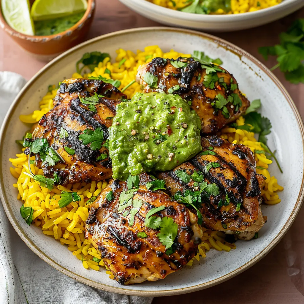 Mouthwatering Peruvian chicken and rice with creamy green sauce, bringing vibrant colors to your table