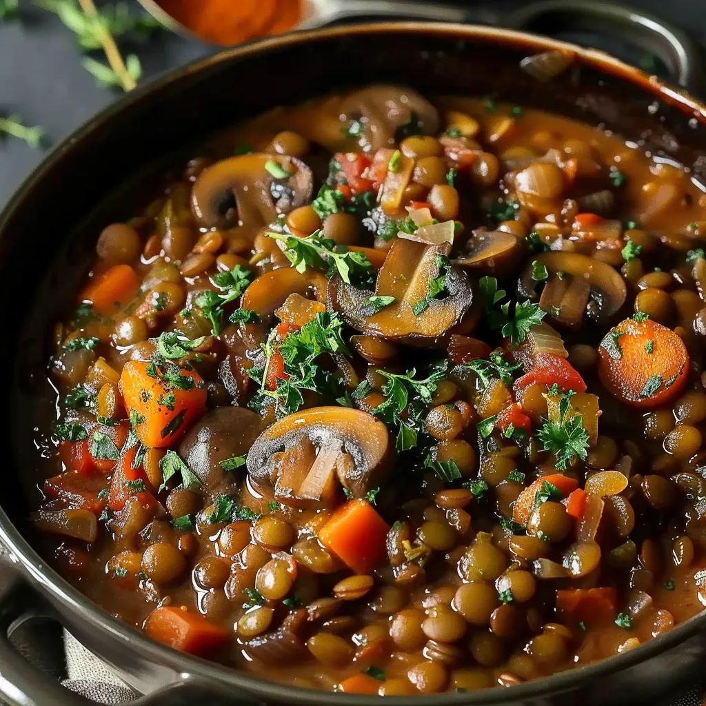 A filling dish with lentils and mushrooms, a warm vegan option for chilly days.