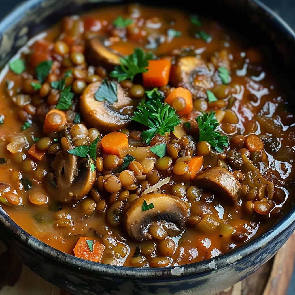 Heartwarming plant-based lentil mushroom stew, loaded with goodness and intense taste.