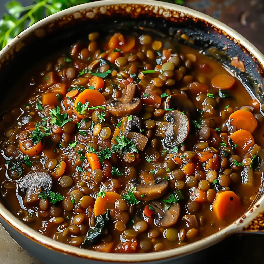 Filling vegan dish featuring lentils and mushrooms, a complete plant-powered meal.