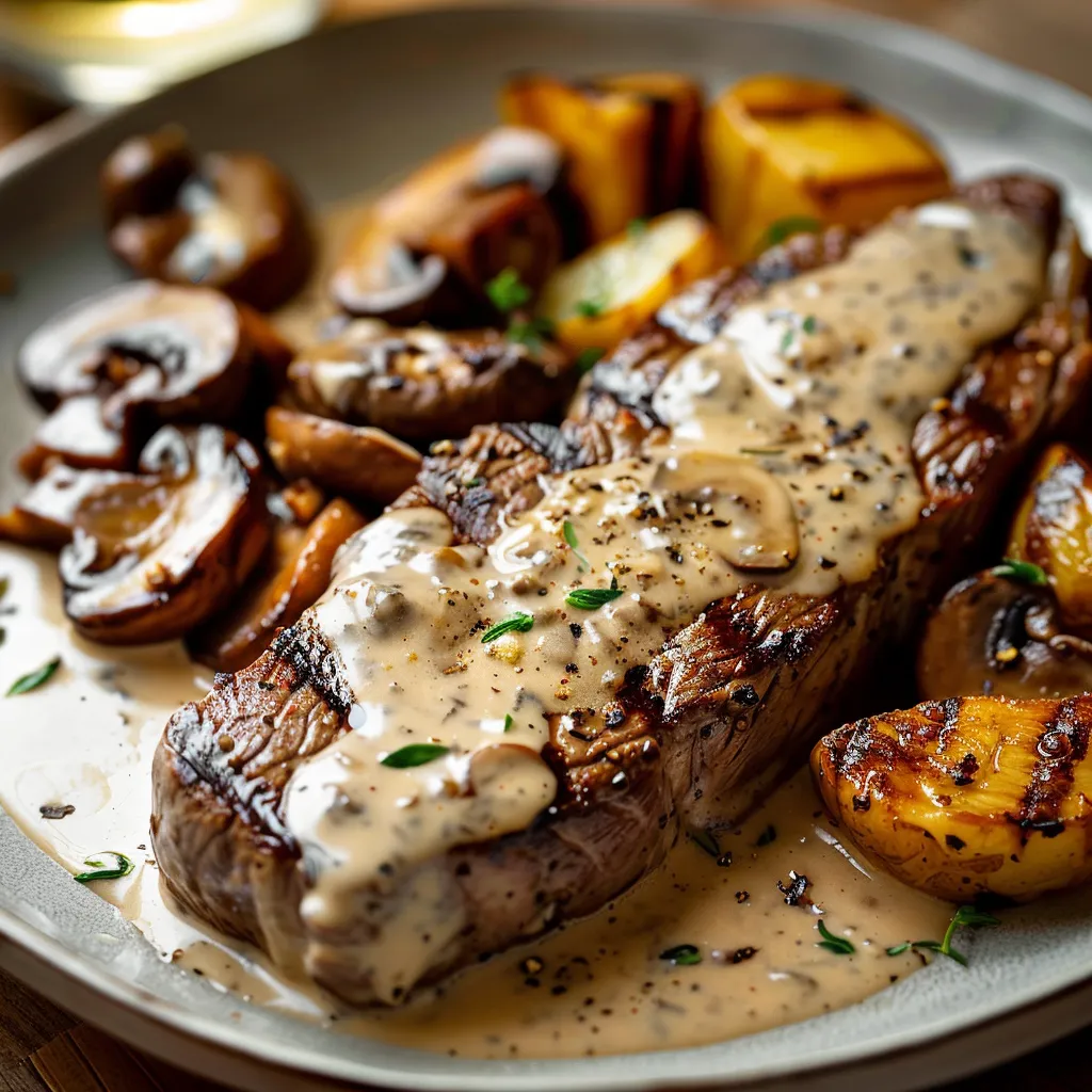 Tender seared steak with garlic butter topped with creamy mushroom sauce.