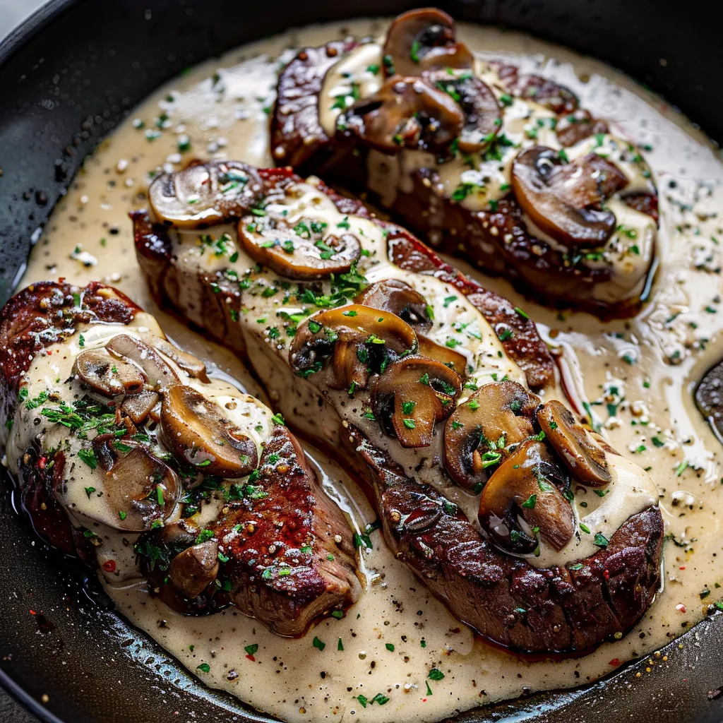 Juicy steak bathed in rich garlic butter mushroom sauce, just like you'd get at a fancy restaurant.