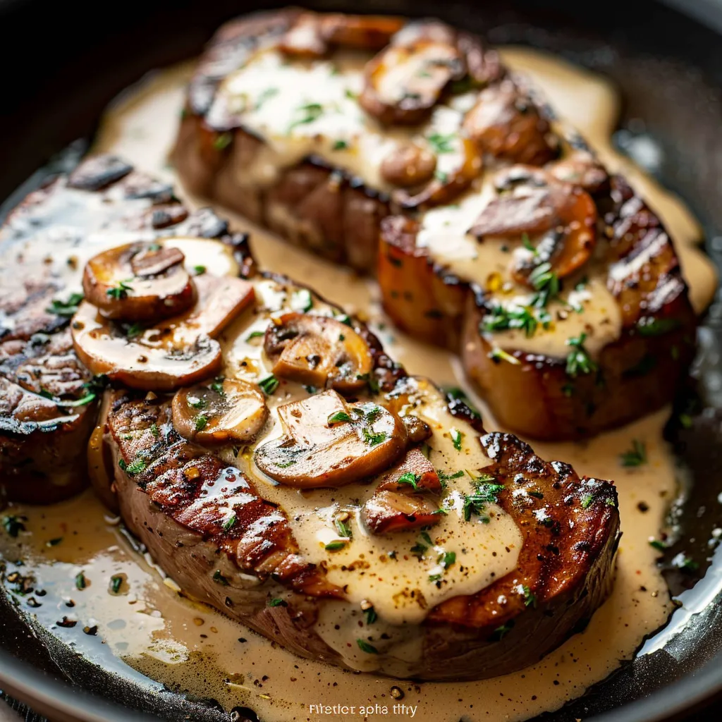 Juicy steak covered in velvety mushroom sauce, rich and satisfying for any dinner.