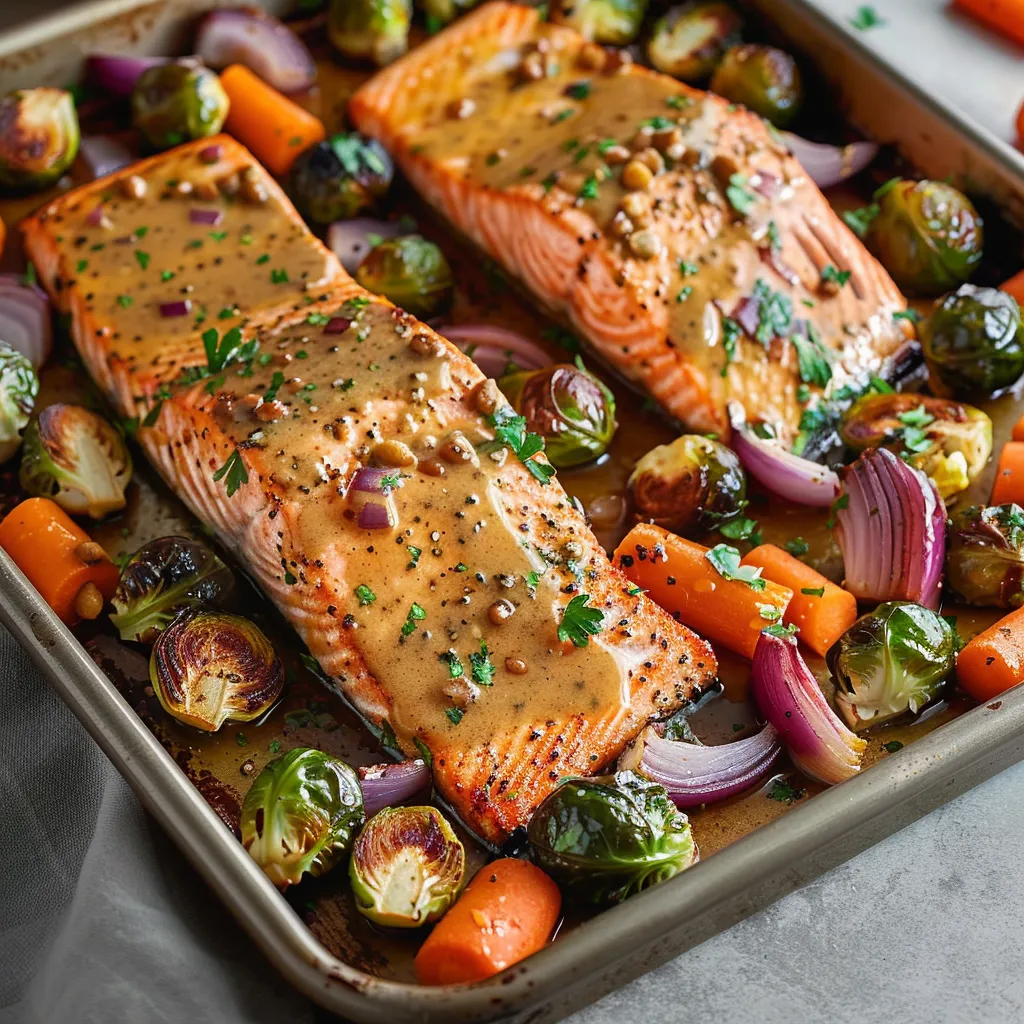Sweet and tangy maple Dijon salmon baked on a sheet pan for an easy dinner.