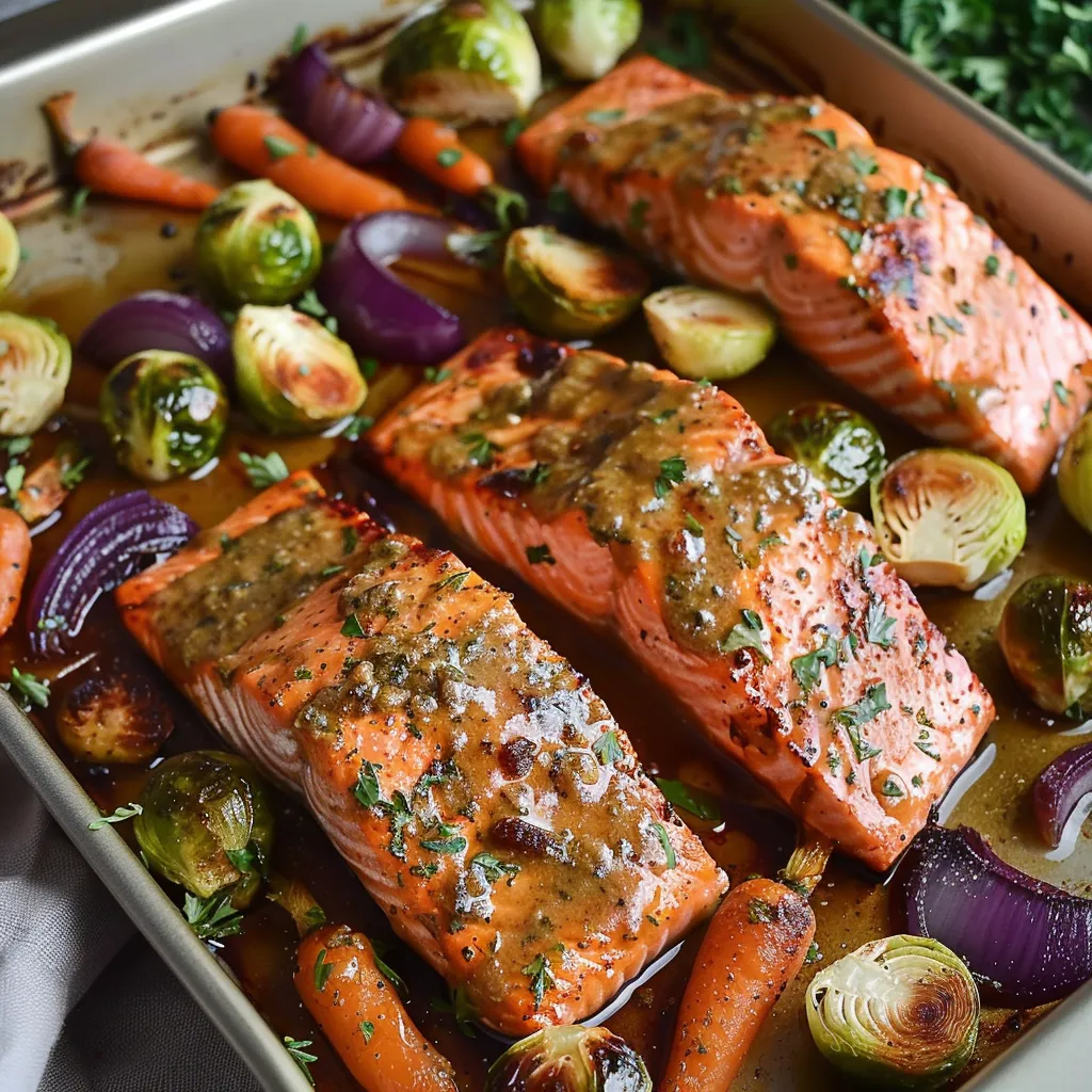 Flavorful maple Dijon salmon with roasted veggies, a quick and healthy meal.