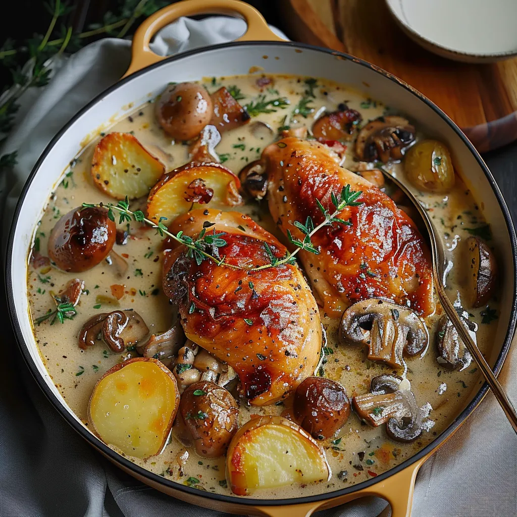 Succulent roasted chicken surrounded by herbs and smooth white wine sauce.