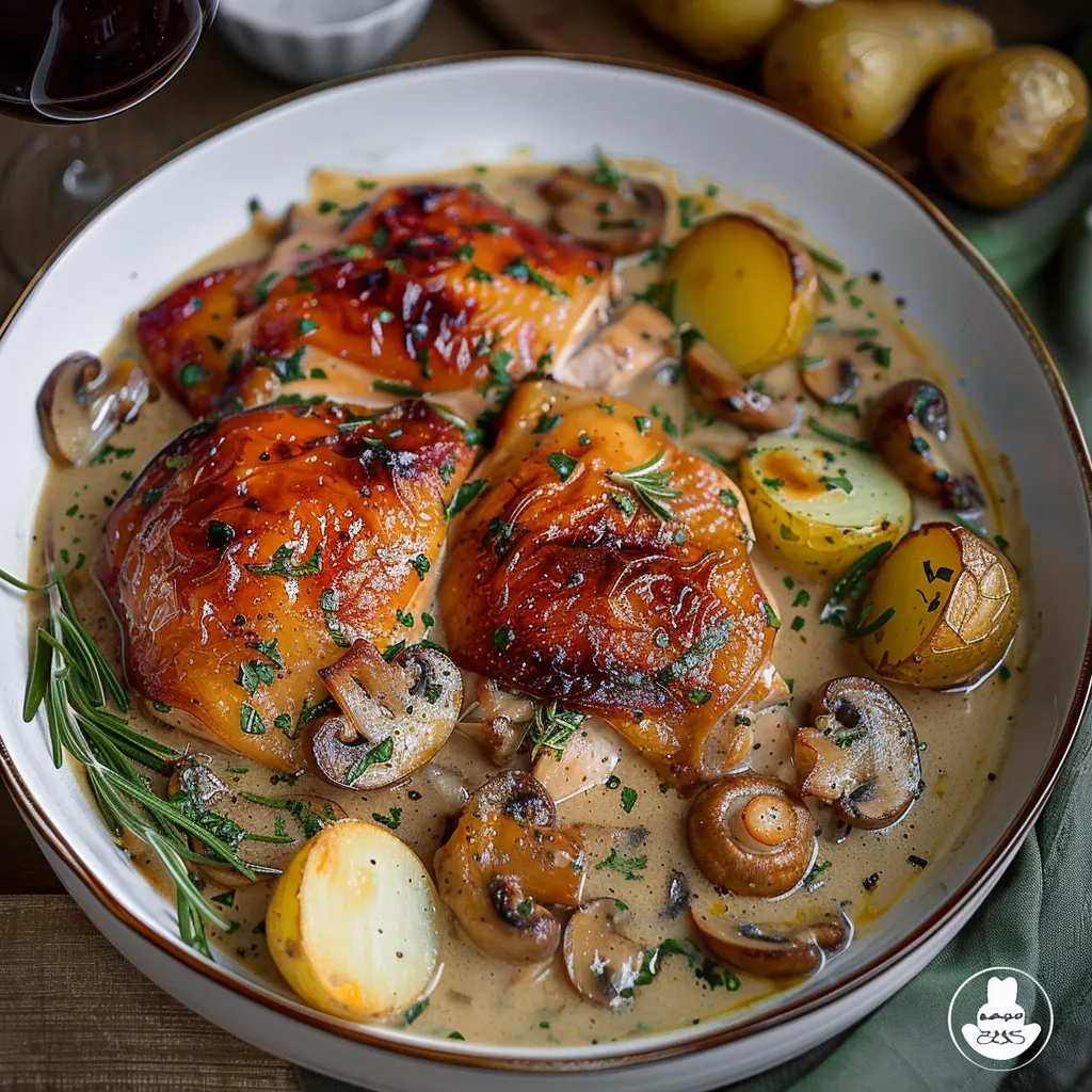 Silky white wine herb-roasted chicken dish, perfect for family meals or special gatherings.