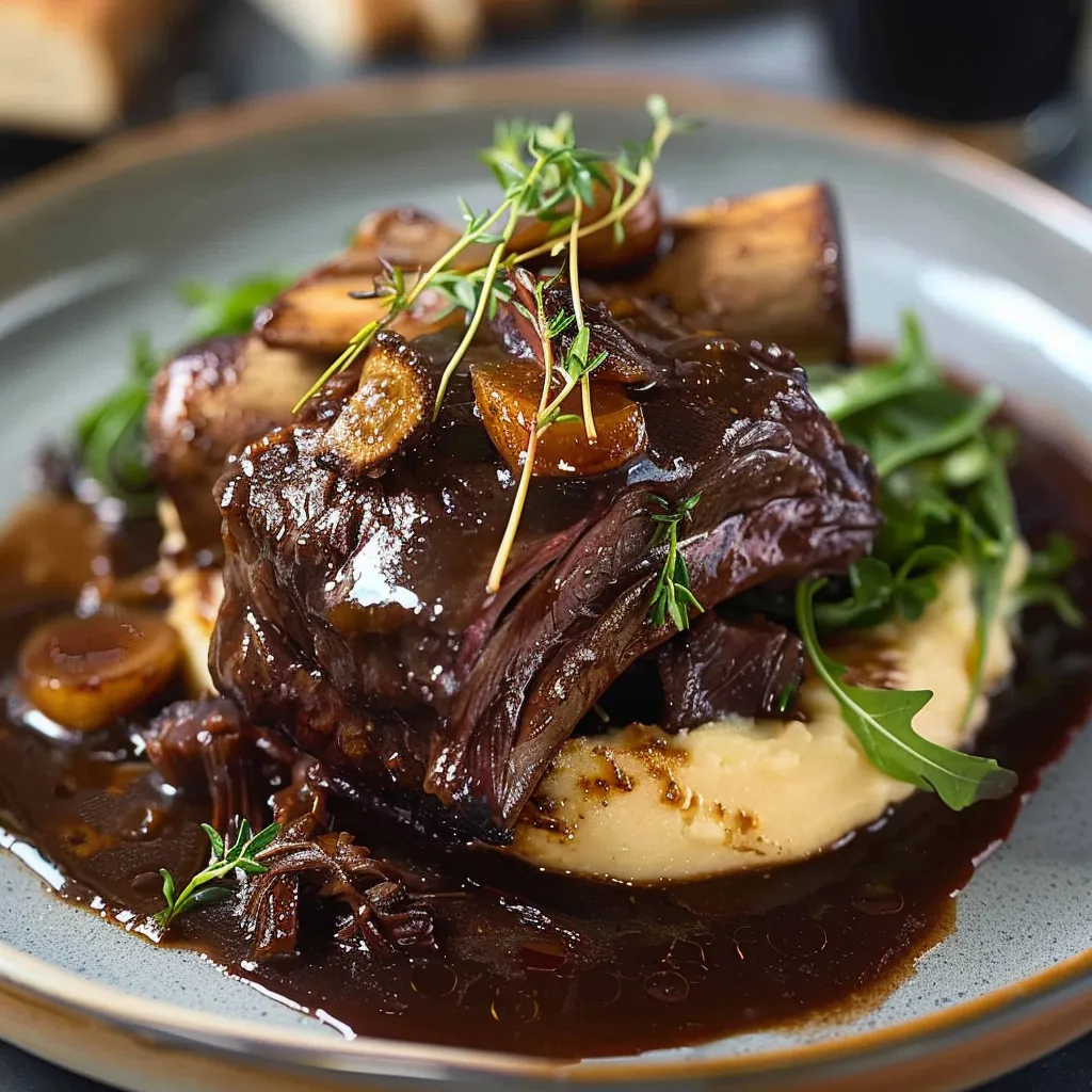 Juicy braised short ribs swimming in a tasty red wine sauce.