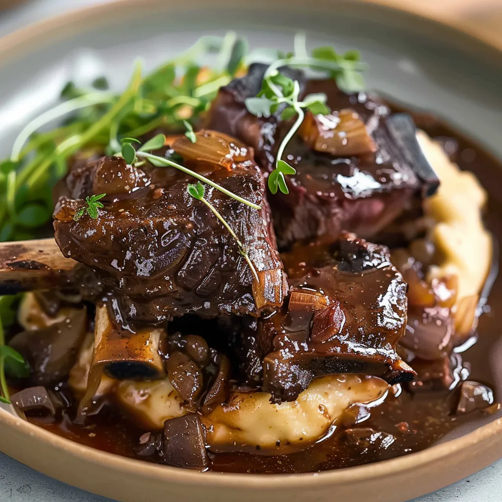 Juicy beef short ribs in red wine sauce, perfect for a fancy homemade dinner.
