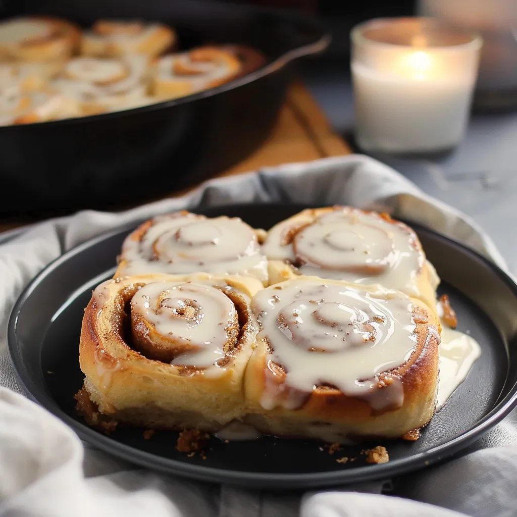 Two cinnamon rolls with icing on a table.
