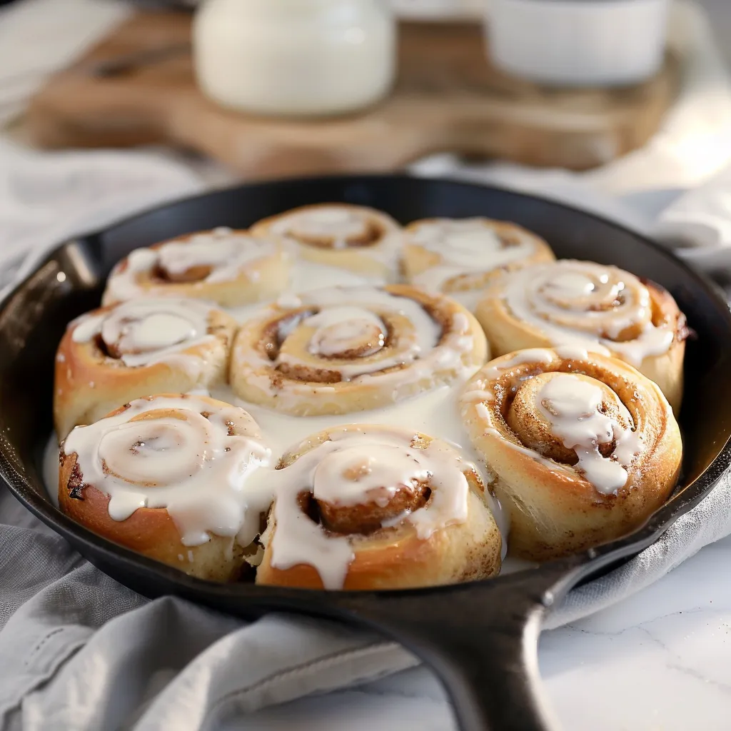 A pan of delicious cinnamon rolls with white frosting.