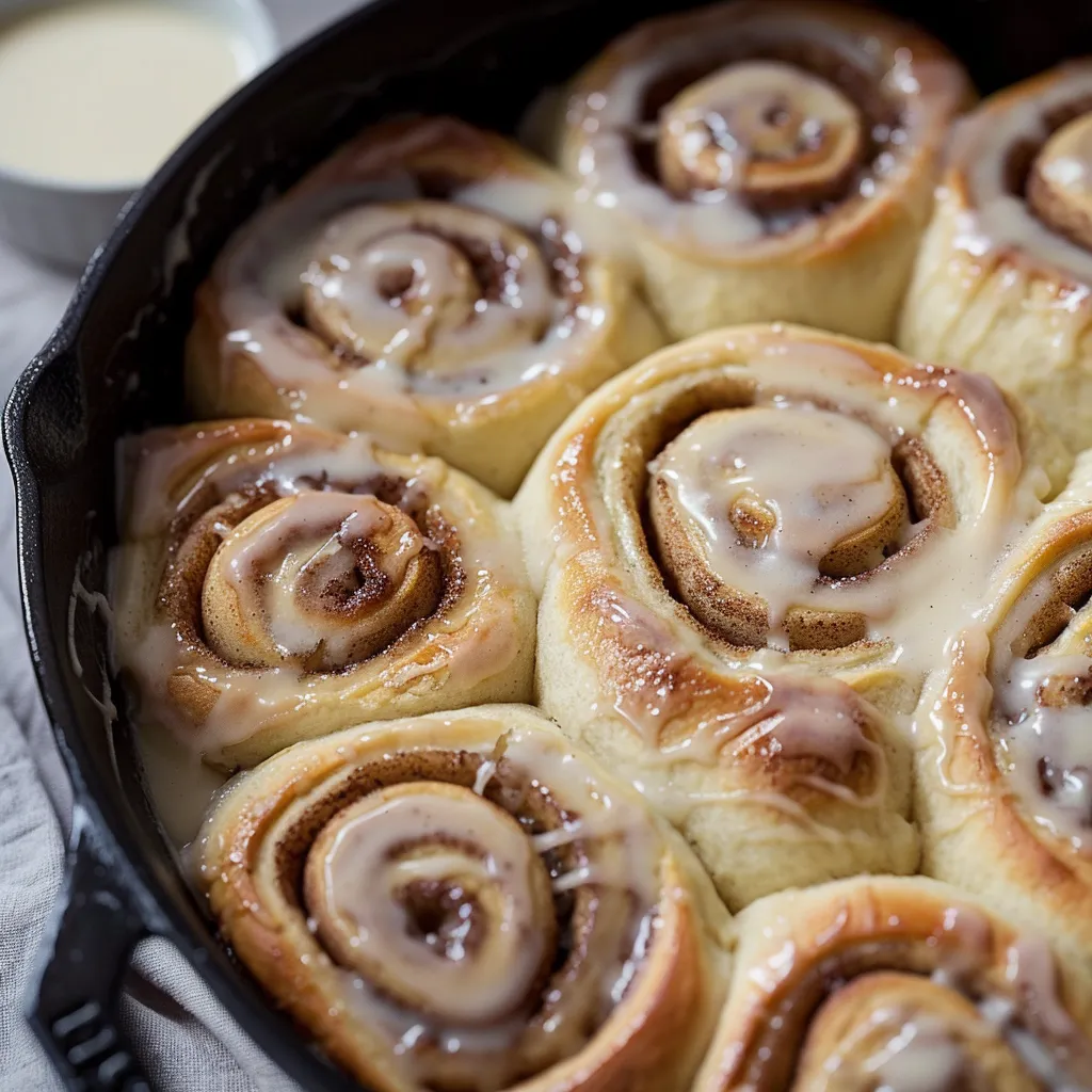A pan of cinnamon rolls with a dollop of frosting on top.