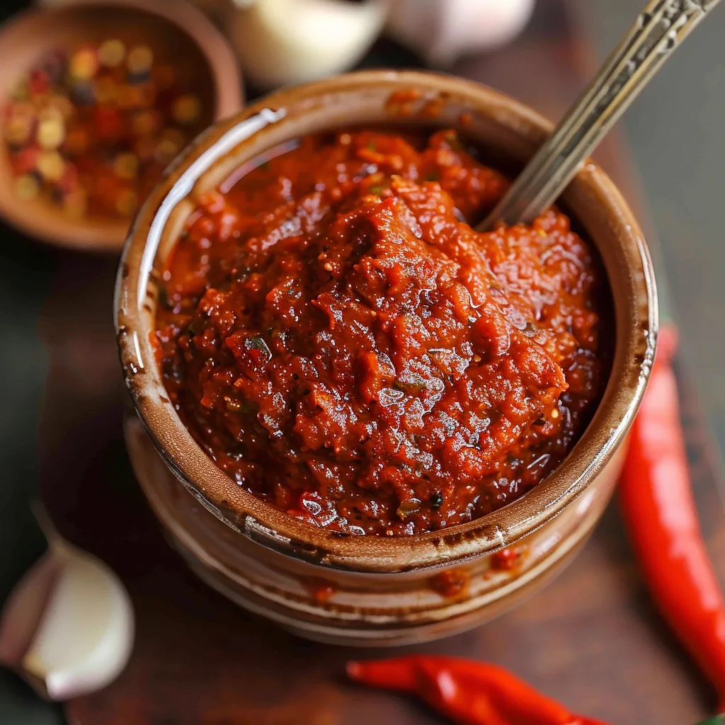 A bowl of red sauce with a spoon in it.
