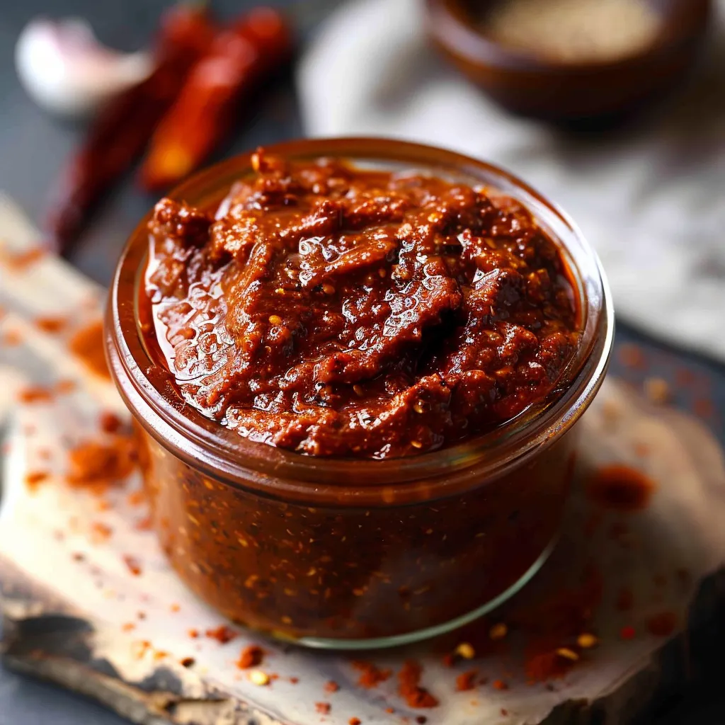 A glass bowl of chili sauce with a spoon inside.