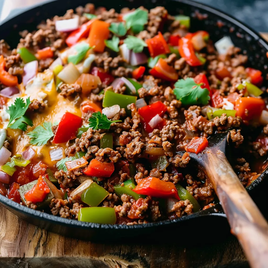 A delicious meal of beef and vegetables in a skillet.
