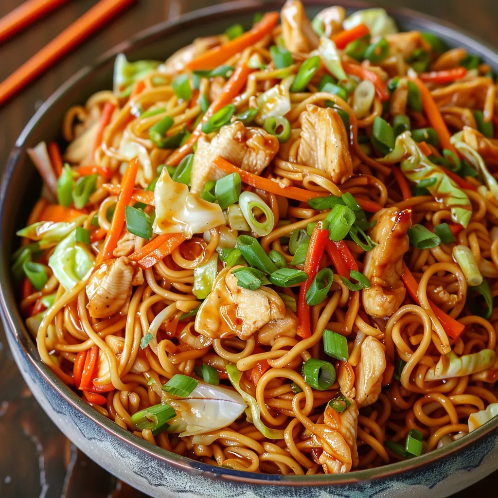 A hearty bowl of chicken, veggies, and noodles.