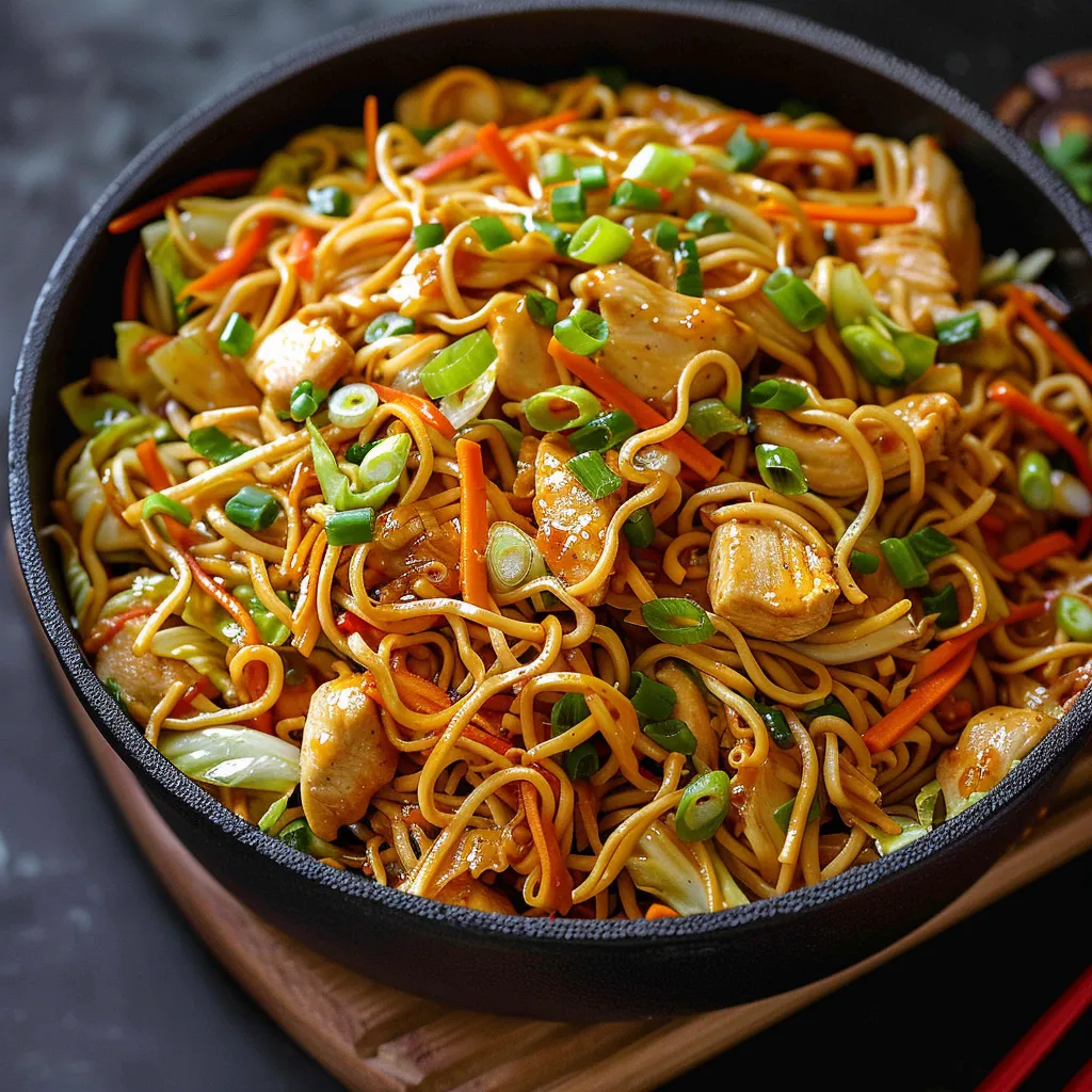 A bowl of noodles with chicken and vegetables.