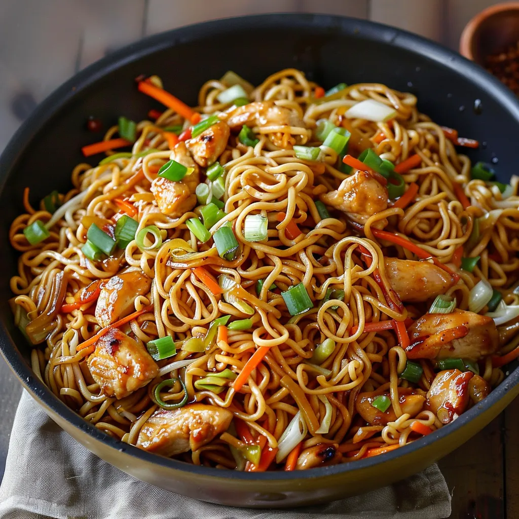 A bowl of noodles with chicken and vegetables.