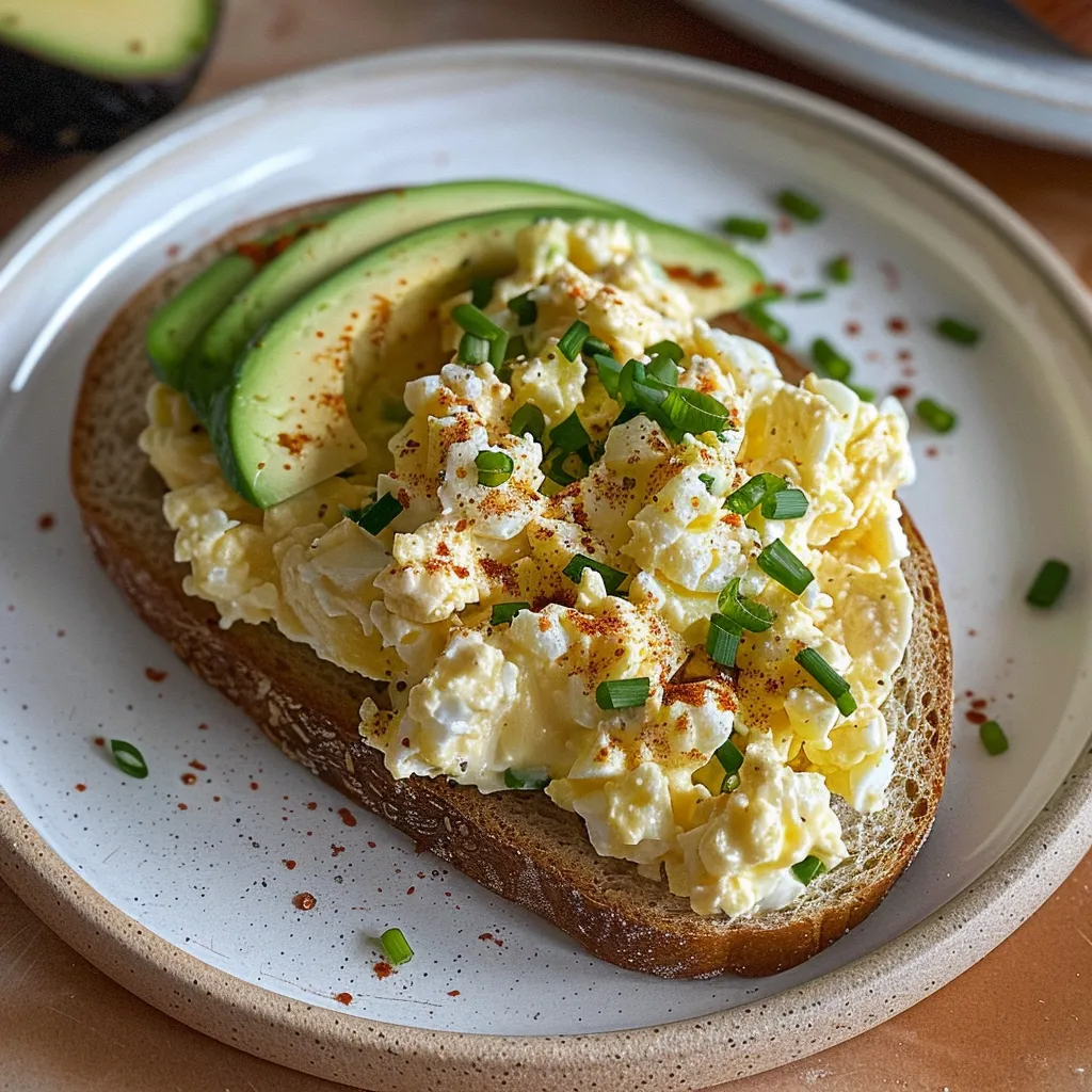 A slice of toast with an avocado and egg salad on top.