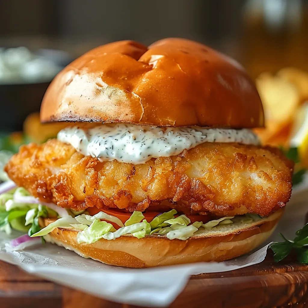 A crispy fish sandwich on a toasted bun with lettuce and tangy sauce.