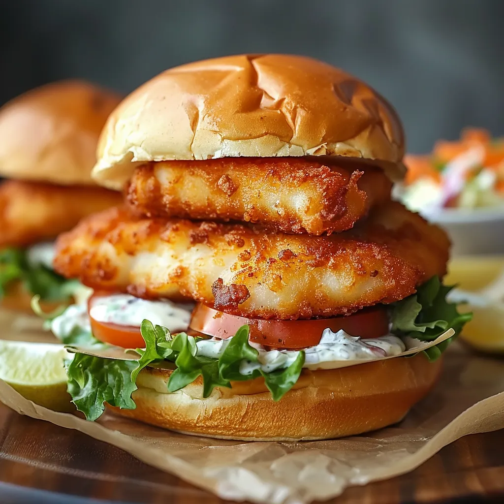A fish sandwich with lettuce and tomato on a bun.