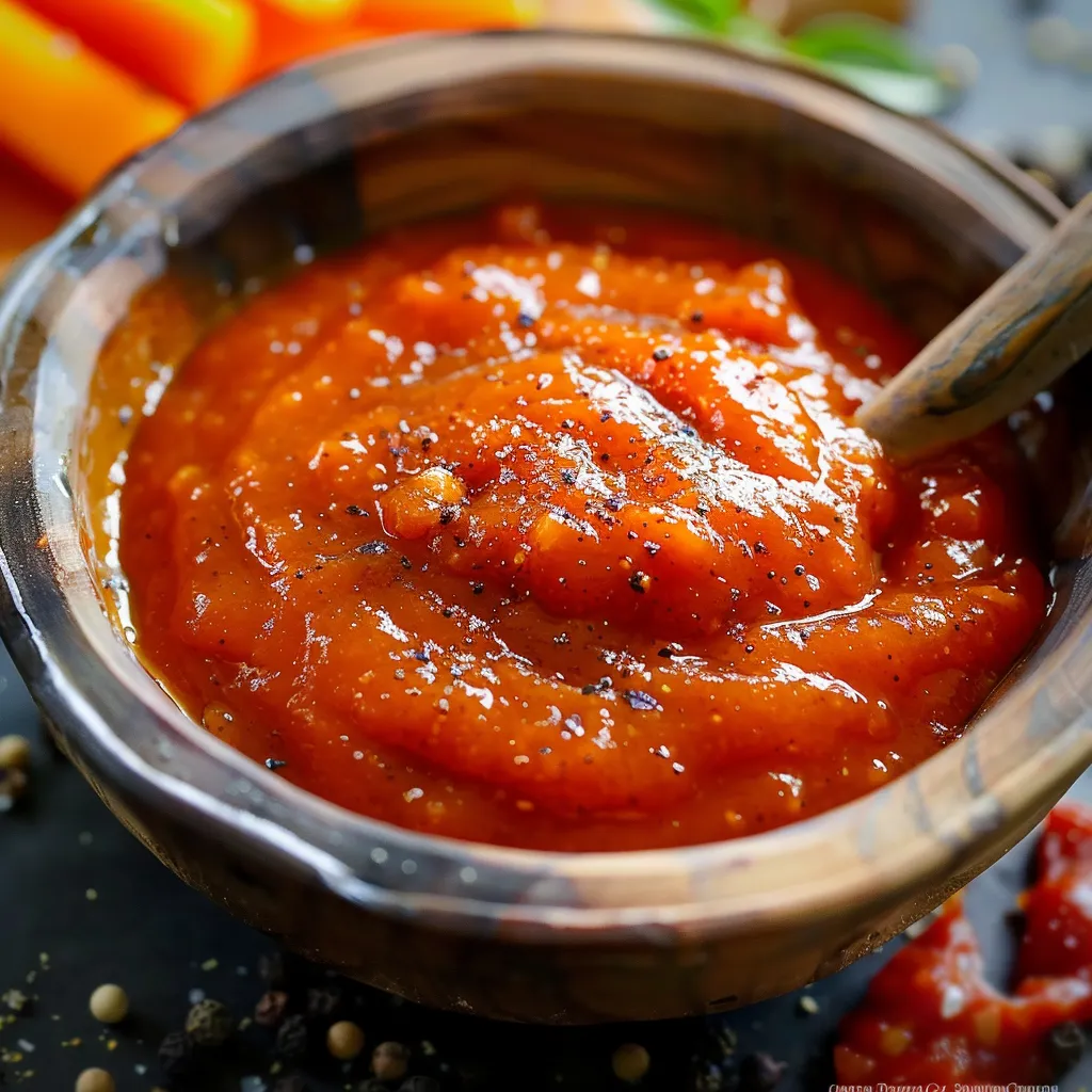 A bowl of sauce with a spoon in it.