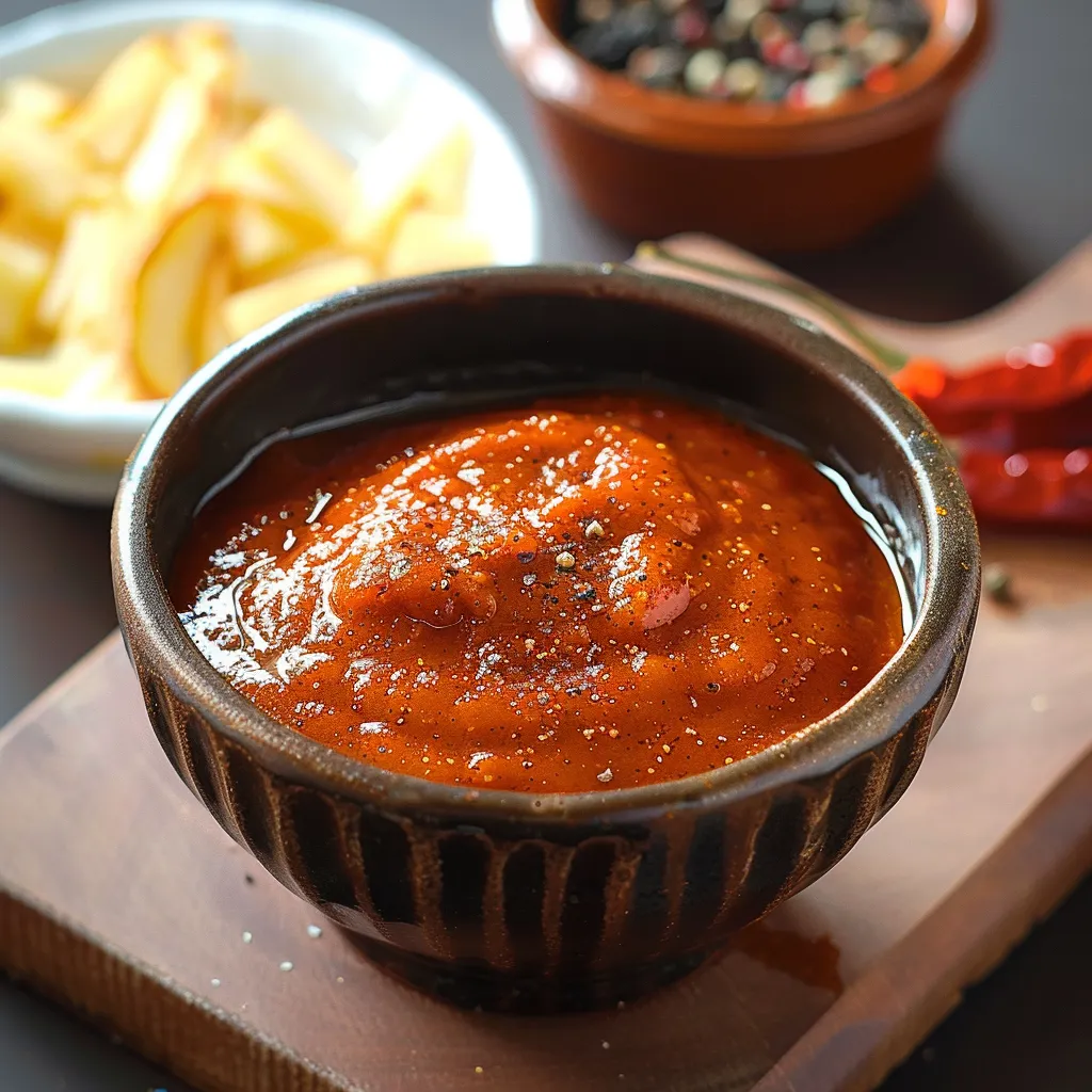 A bowl of red sauce with black spices on a wooden table.
