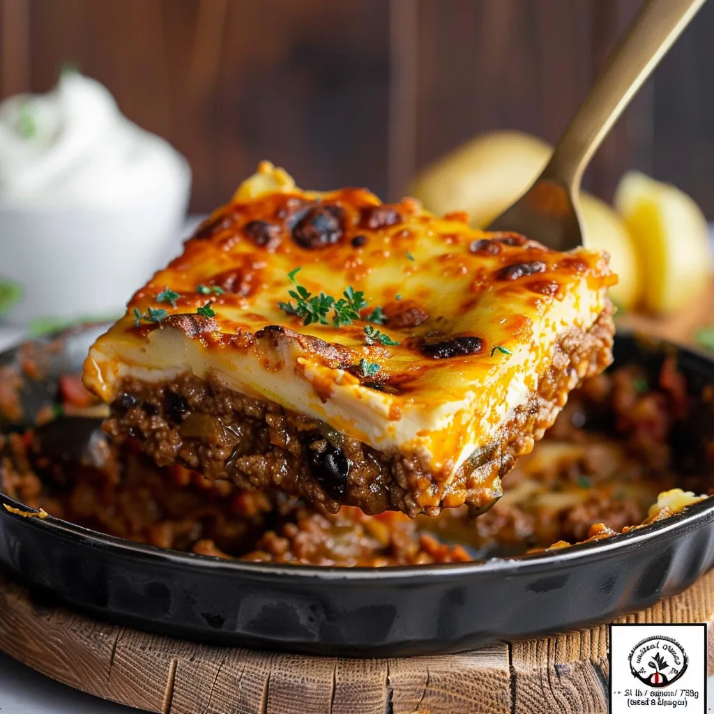 A mouthwatering Greek casserole displayed on a rustic wooden surface.