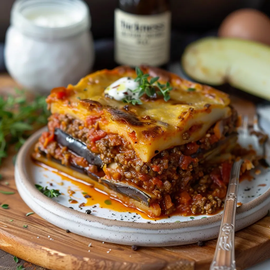 A hearty pasta bake served alongside crispy garlic toast.