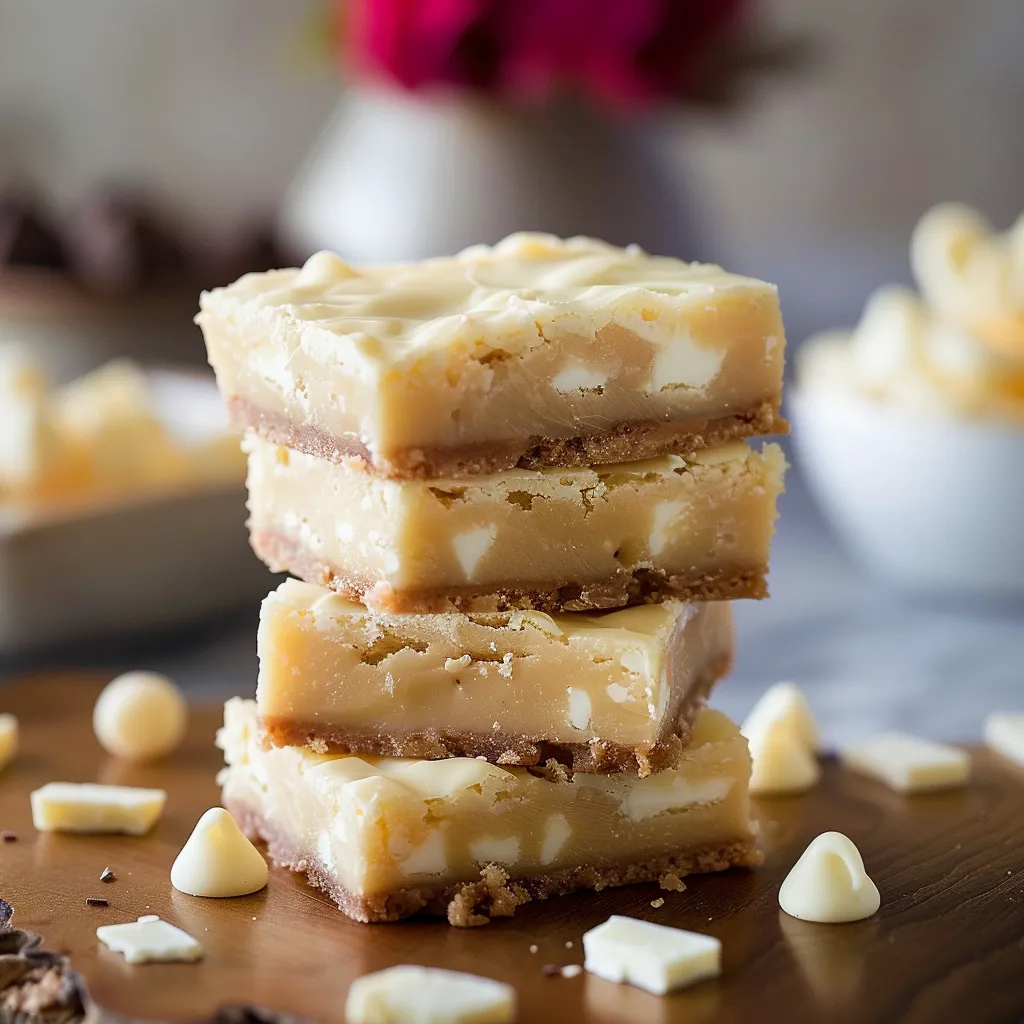 A stack of three square desserts, possibly cheesecake, on a table.