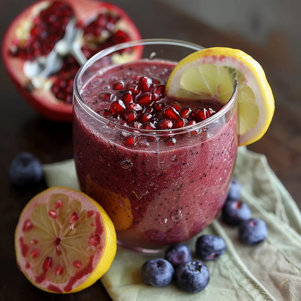 A tall glass filled with pomegranate drink, garnished with lemon and scattered blueberries.