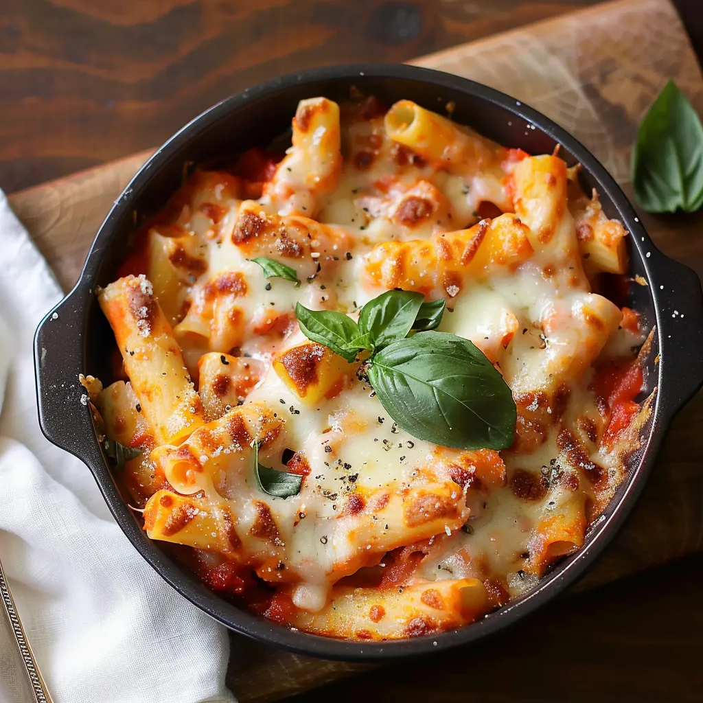 A bowl of pasta with cheese and basil on a wooden table.