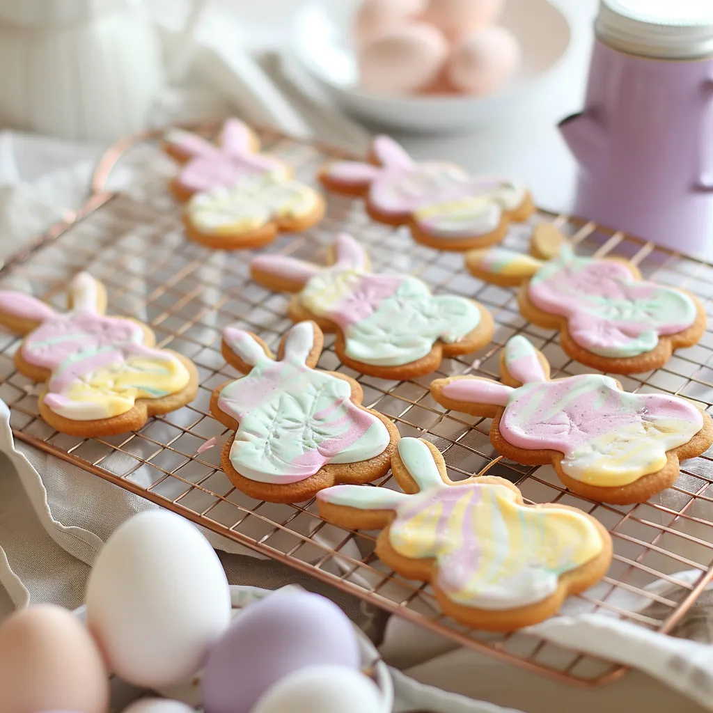 A tray of cookies with bunny ears on them.
