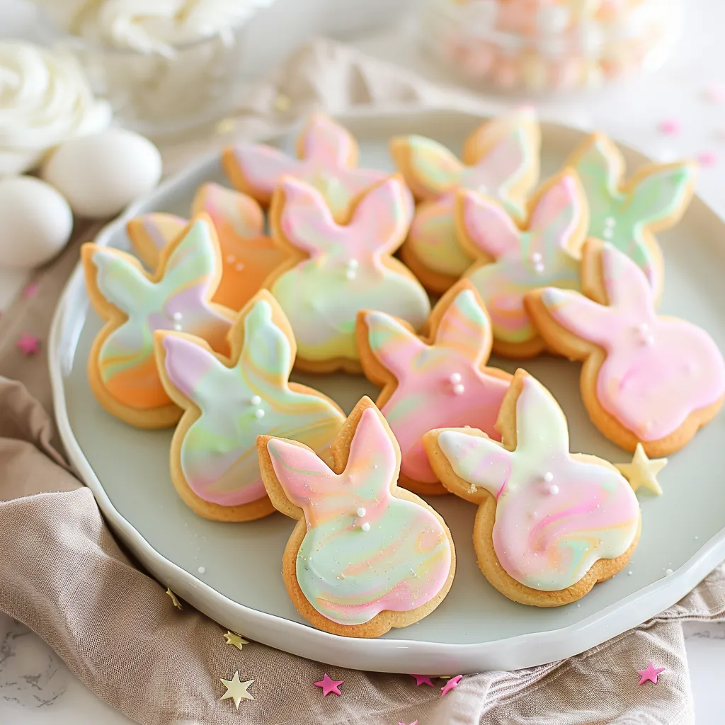 A plate of colorful cookies with bunny ears on them.