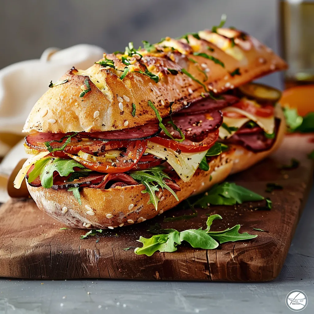 A toasted sub full of meats, cheese, and vegetables on a wooden board.