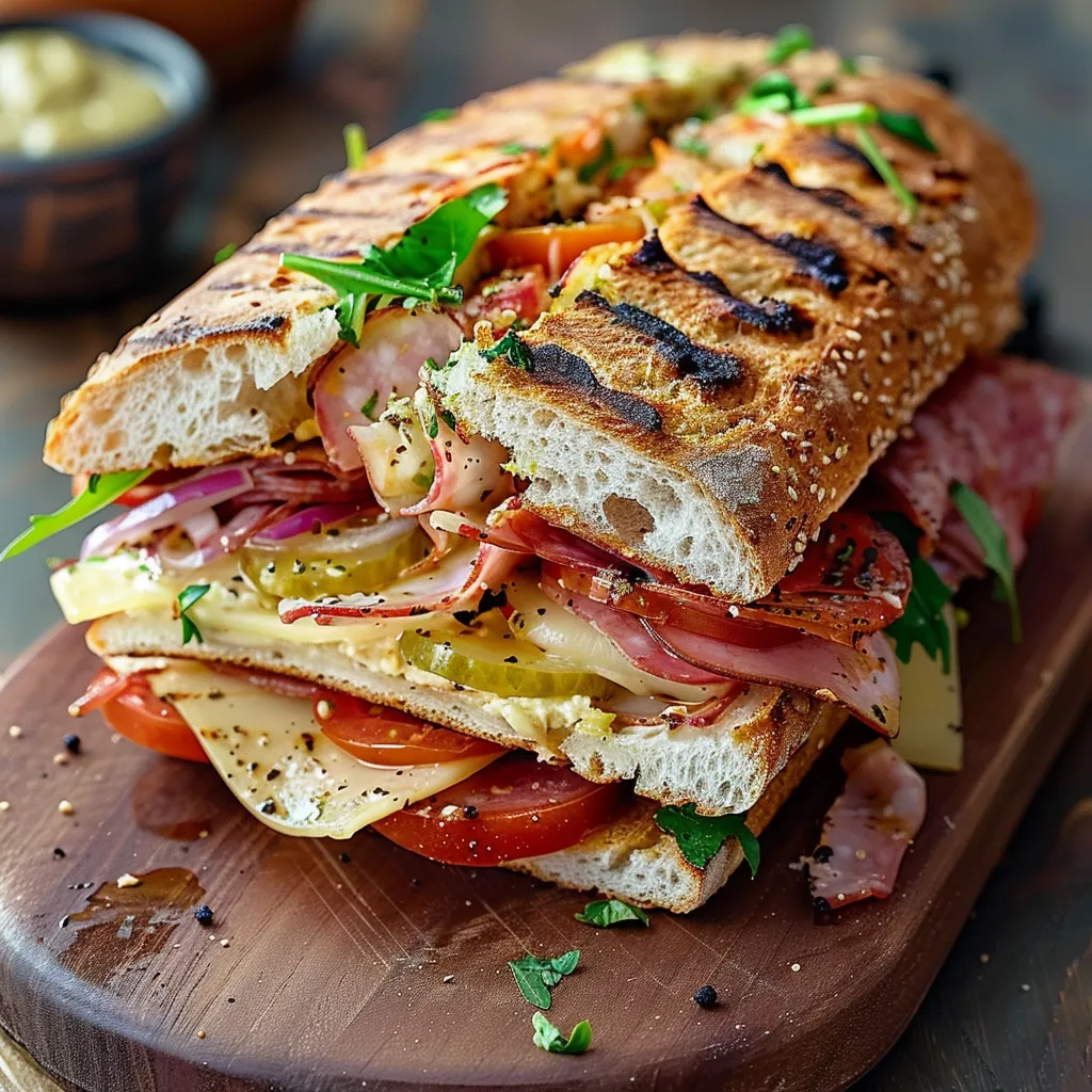 A hearty sandwich piled with layers of meats, veggies and cheese sits ready to eat on a wooden board.