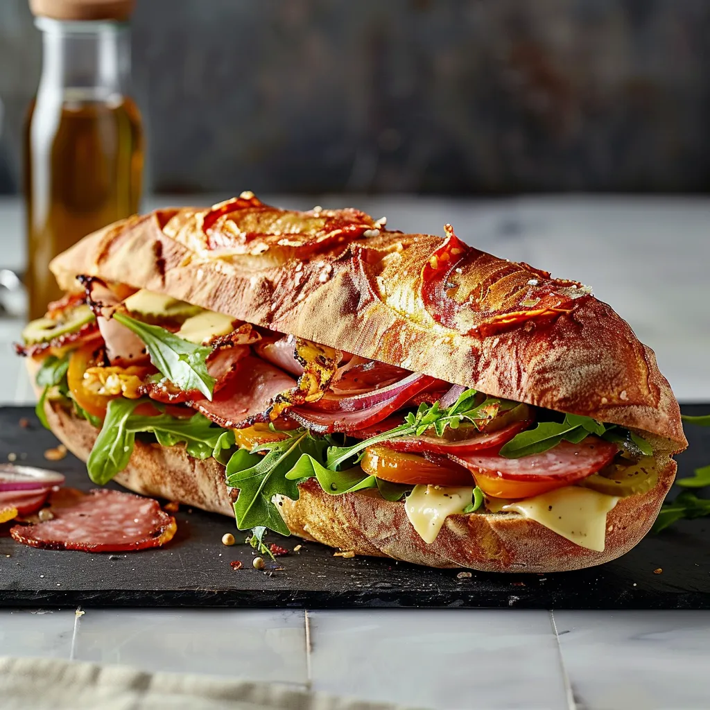 A thick, layered sandwich filled with meat, fresh veggies and toppings sits ready to be enjoyed.