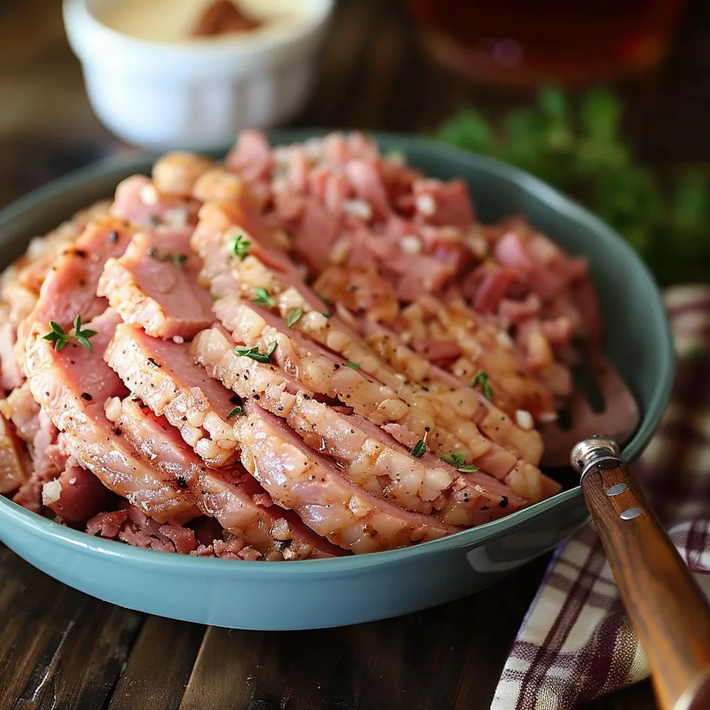 A bowl of ham spread on a rustic table.