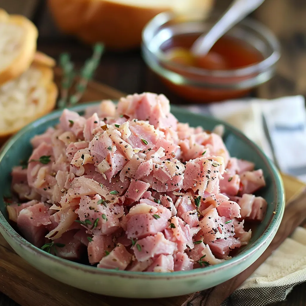 A bowl of meat with a spoon in it.